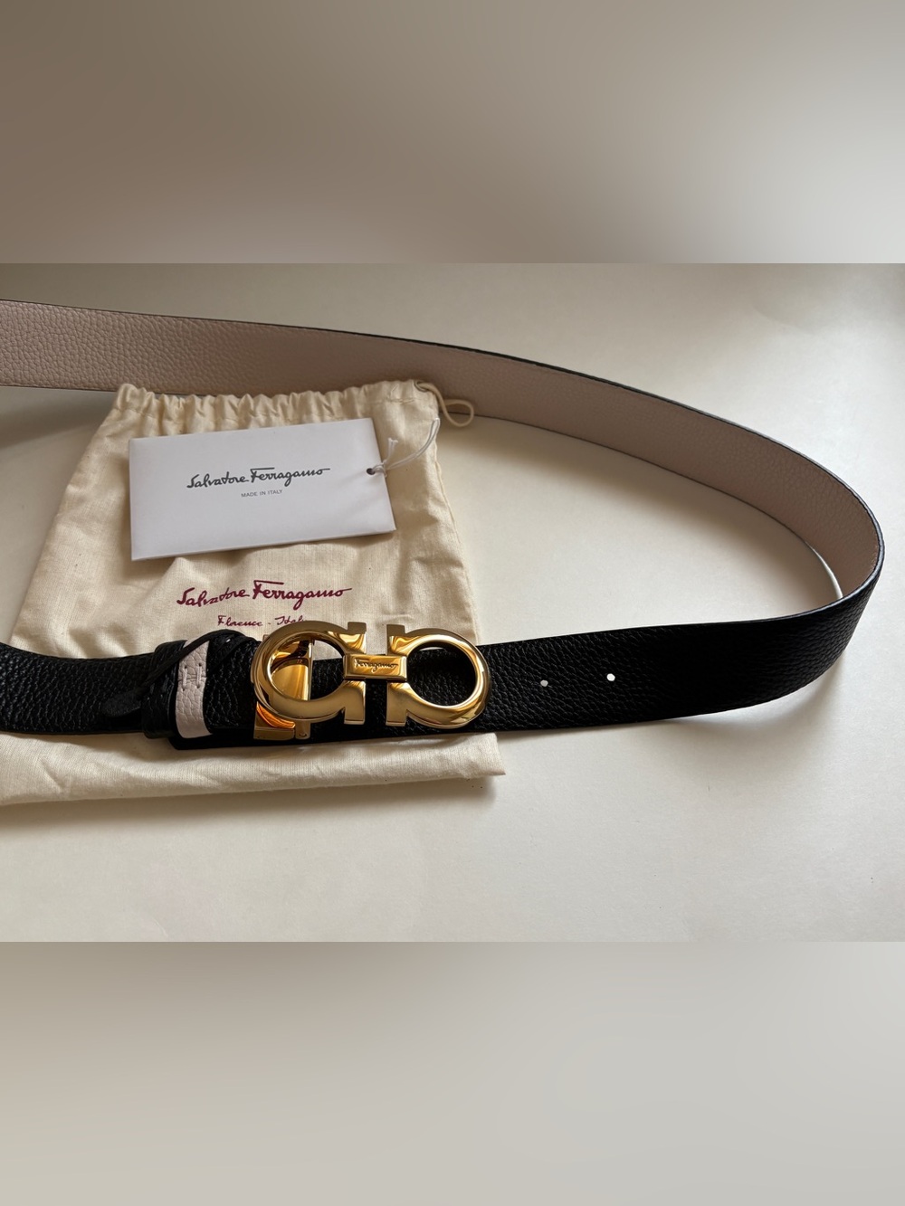 Salvatore Ferragamo Black Leather Belt with Gold Gancini Buckle